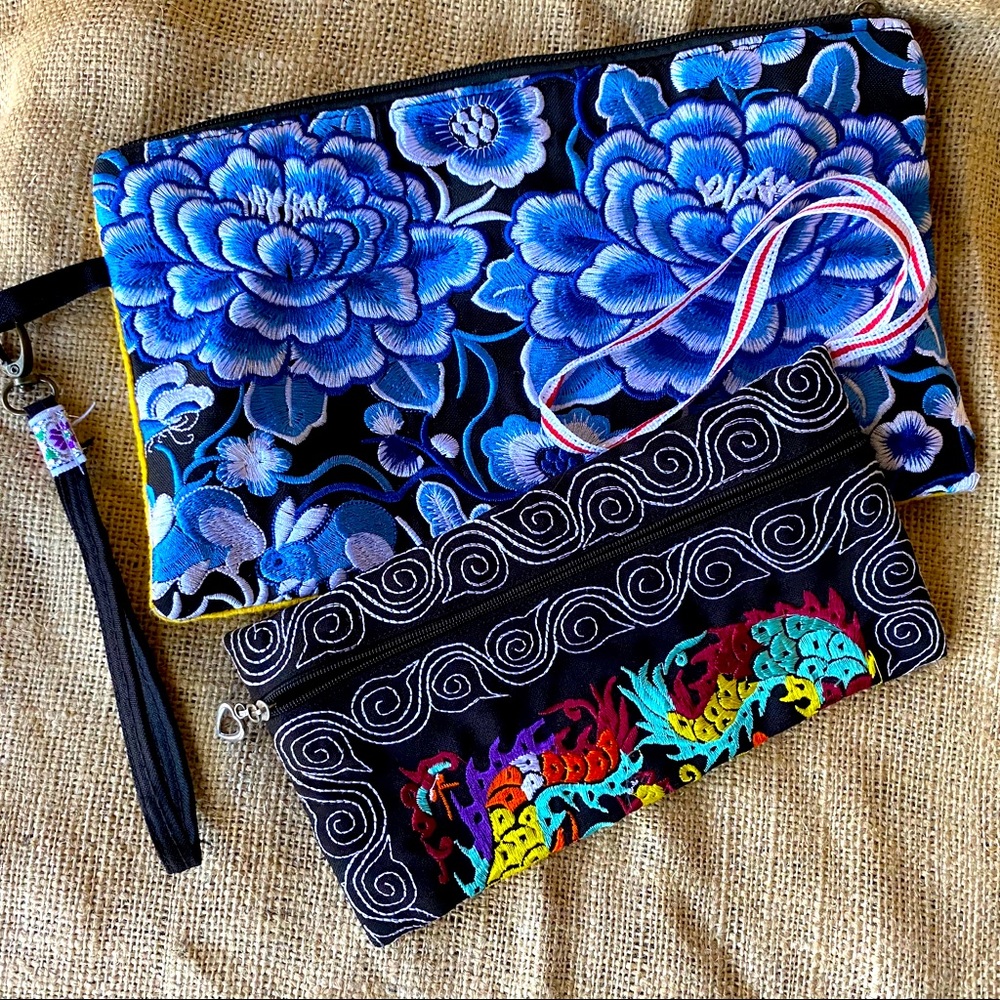 2 Embroidered Wristlet Bags